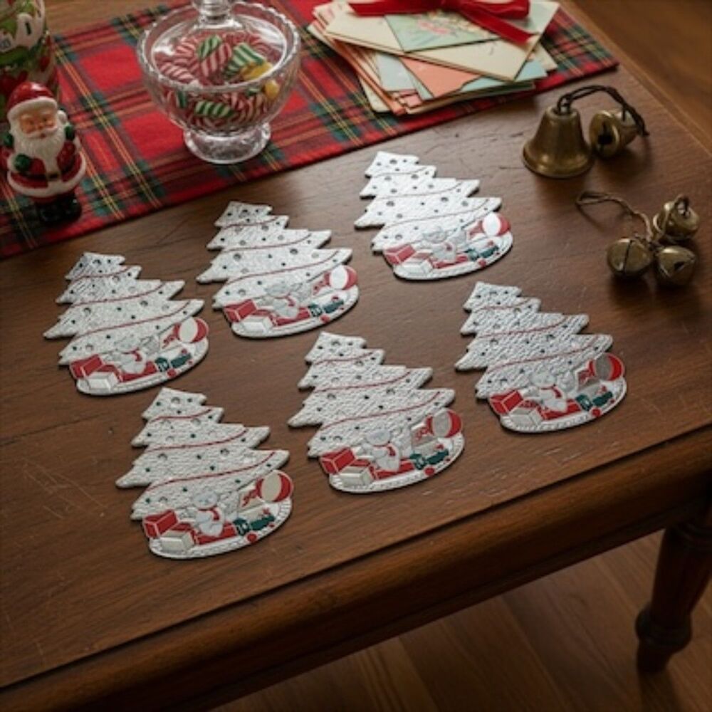 Vtg 6 Christmas Tree Coasters Rare Made In Japan 1989 Tarnish Resistant Oneida